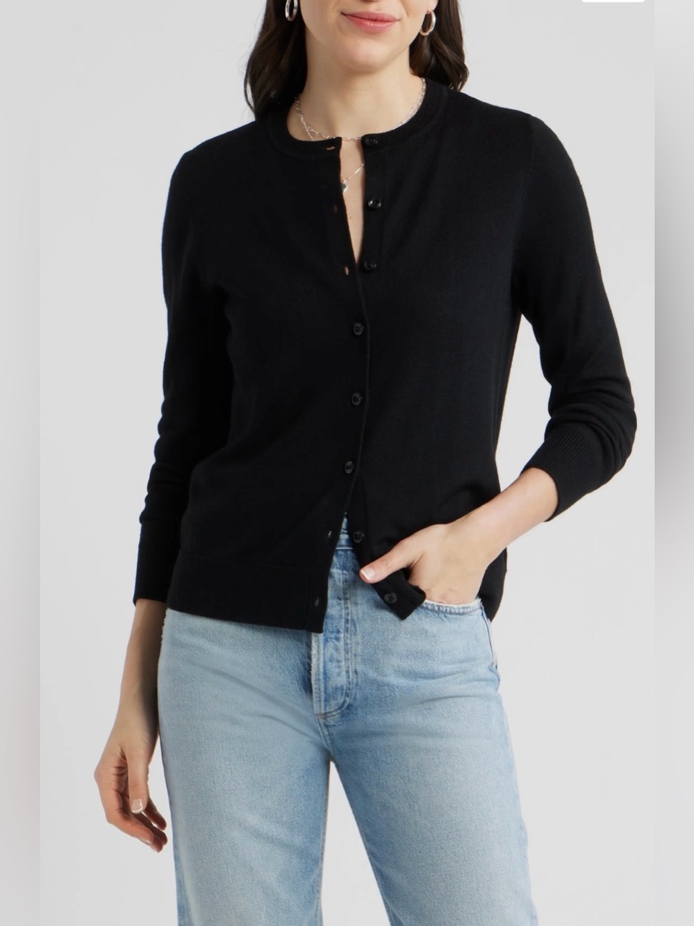 Caslon Black Round-Neck Button Down Lightweight Cardigan Sweater